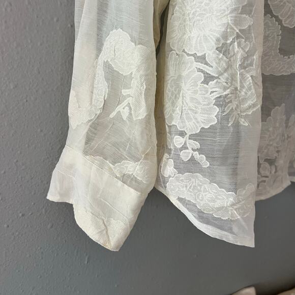 Outfit Woman Sheer Button Down Blouse 1X White Floral Embroidered Feminine Linen - Picture 5 of 6